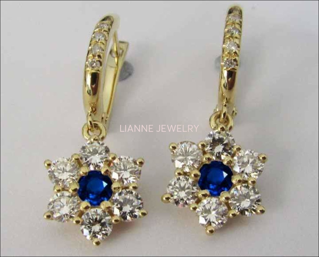 Lever back Flower Earrings Sapphire Earrings Dangle Drop Diamond Earrings Chandelier Earrings 18K Gold Flower Design Perfect Gift for Her - Lianne Jewelry