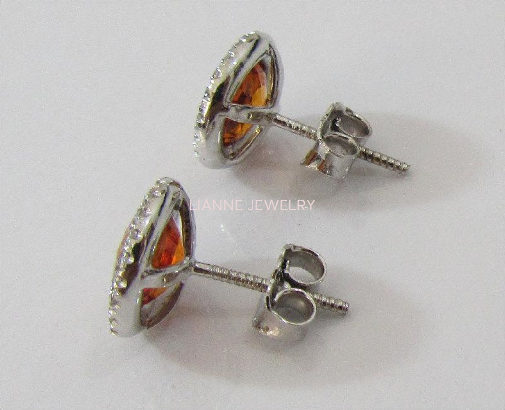 Vintage Orange Earrings Stud Earrings Circle Earrings Pave Diamonds Earrings Halo Earrings Art Deco Earrings Sapphires 14K white gold - Lianne Jewelry