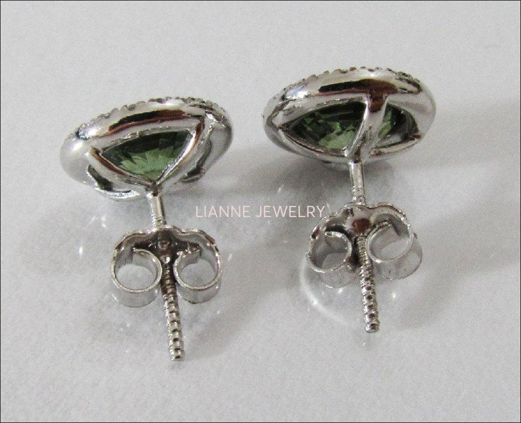 Gold Earrings Green Earrings Unique Earrings Unique Stud Earrings Halo 14K White Gold with Lab Green Sapphire F VS Diamond Valentines Gift - Lianne Jewelry