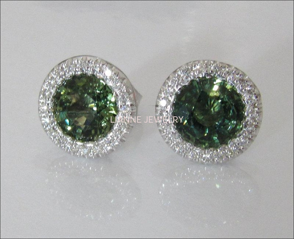 Gold Earrings Green Earrings Unique Earrings Unique Stud Earrings Halo 14K White Gold with Lab Green Sapphire F VS Diamond Valentines Gift - Lianne Jewelry