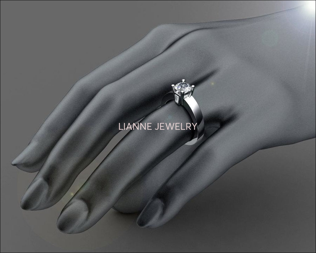 Gold ring Unique moissanite engagement ring Solitaire flanked by 2 taper baguettes Diamonds in 18K Yellow or 18K White Gold - Lianne Jewelry