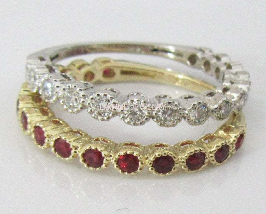 2 Anniversary Gift 2 Eternity Rings 14K White Gold with 15 Diamonds and 14K Yellow gold with 15 Rubies July Birthstone - Lianne Jewelry