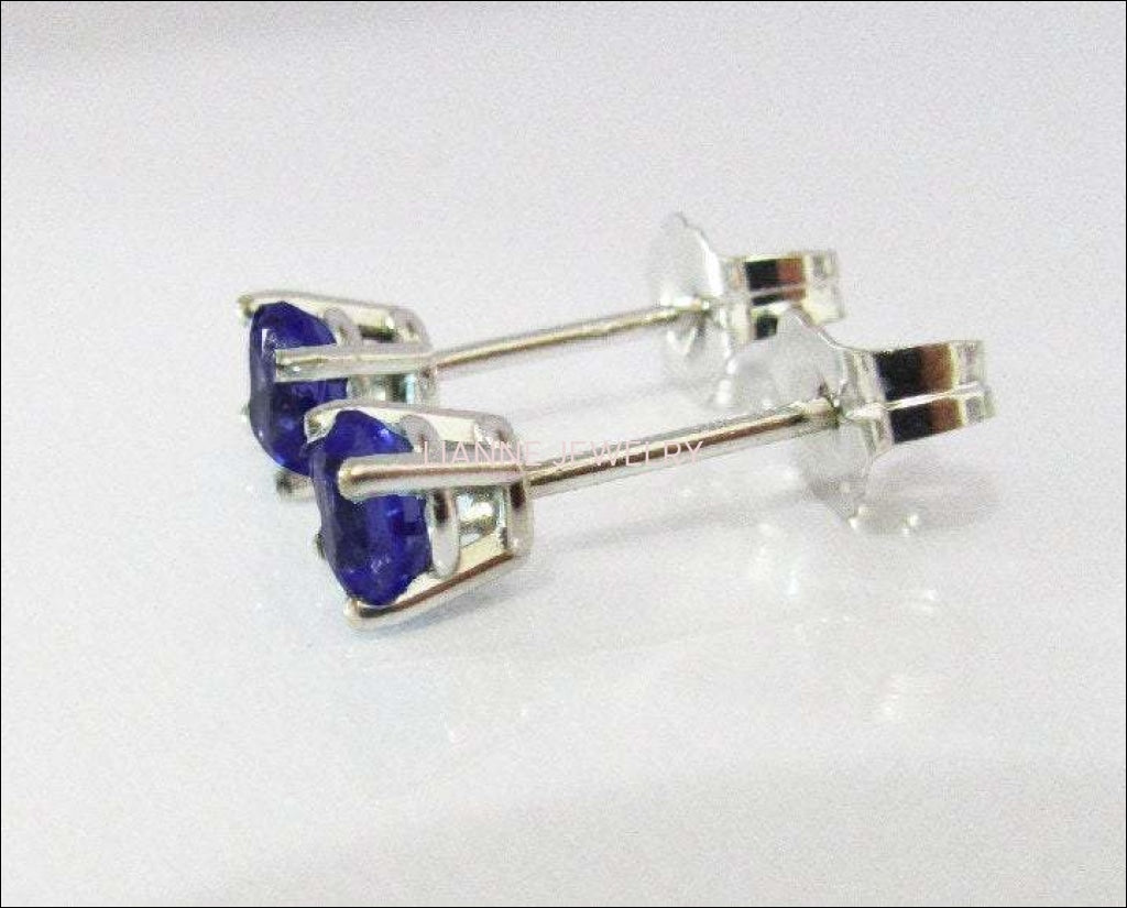 14K White gold Blue Stud Earrings, 4mm Lab Sapphire Christmas Gift Earring Jewelry - Lianne Jewelry