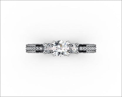 Unique One carat Engagement Diamond ring in Bella Design channel-set pavé half moon trellis crafted in 18K Yellow gold or 18K White gold - Lianne Jewelry