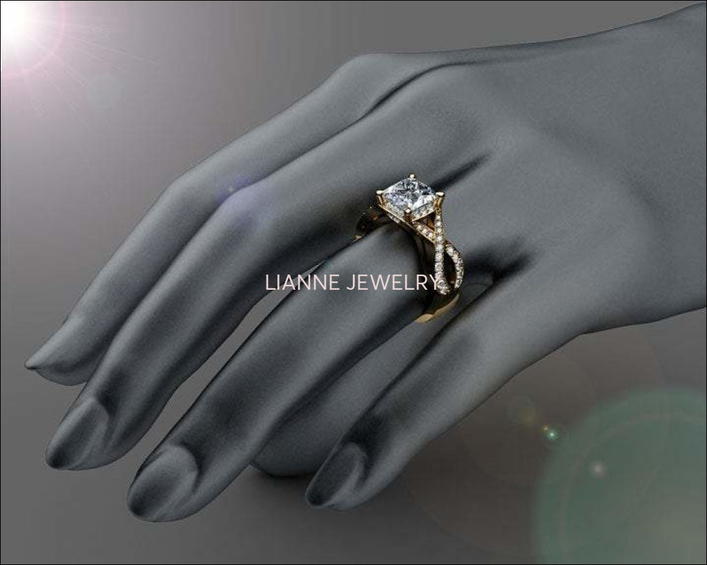 Moissanite Ring Princess Cut Diamond Engagement Unique Ring Cross Pave in 18K White Gold or Yellow Gold - Lianne Jewelry