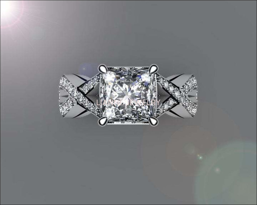 Diamond ring Gold ring Princess Cut Diamond Engagement Unique Ring Cross Pave in 18K White Gold or Yellow Gold - Lianne Jewelry
