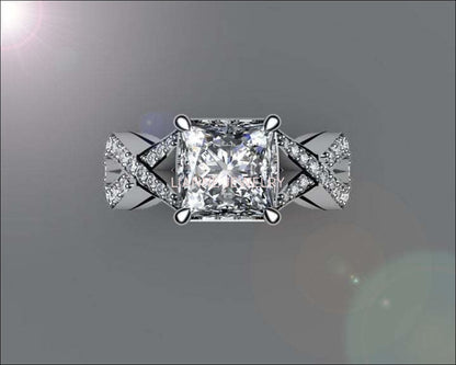 Diamond ring Gold ring Princess Cut Diamond Engagement Unique Ring Cross Pave in 18K White Gold or Yellow Gold - Lianne Jewelry
