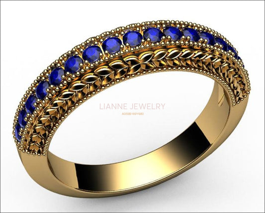 Sapphire Wedding band Half Eternity 17th Anniversary Micro pave 18K White or Yellow gold - Lianne Jewelry