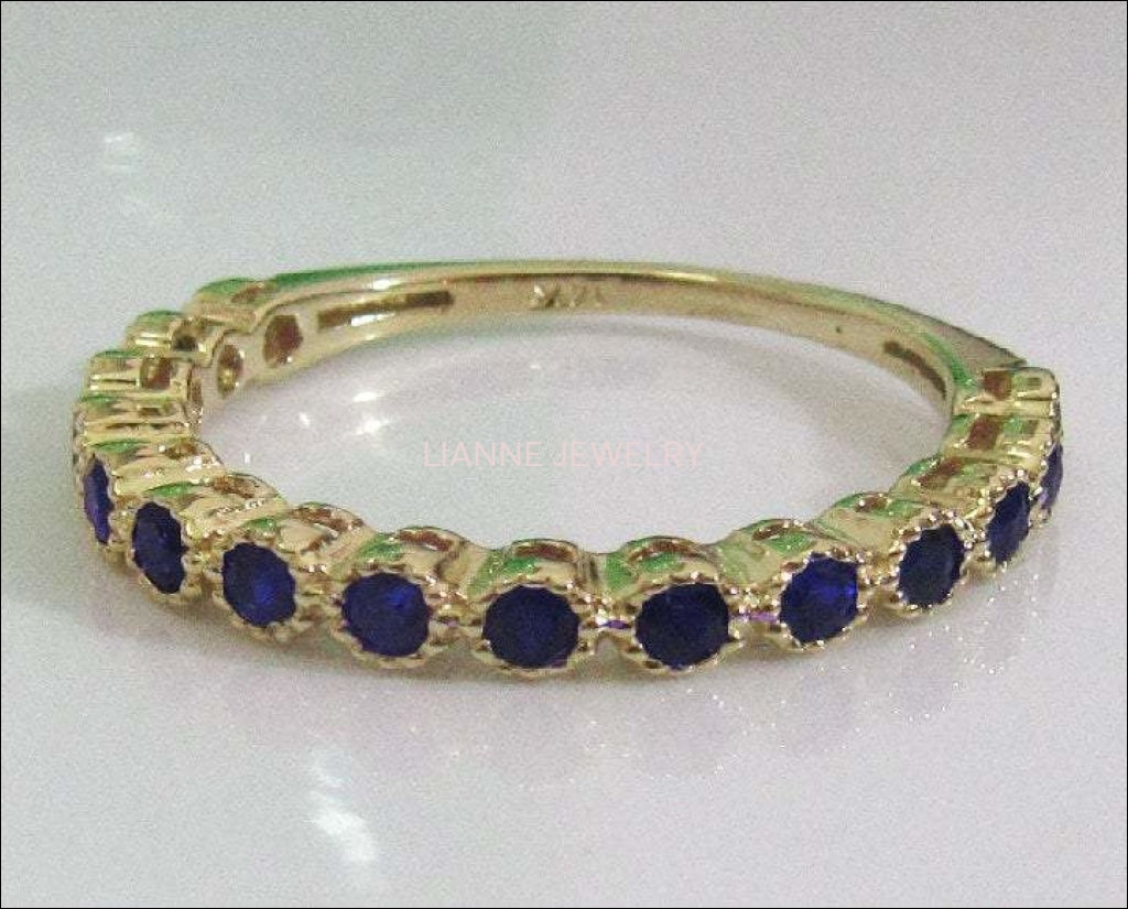 Milgrain wedding band, Anniversary Gift, Sapphire Ring, Eternity Band, 14K Yellow Gold, Genuine Sapphires, September Birthstone - Lianne Jewelry