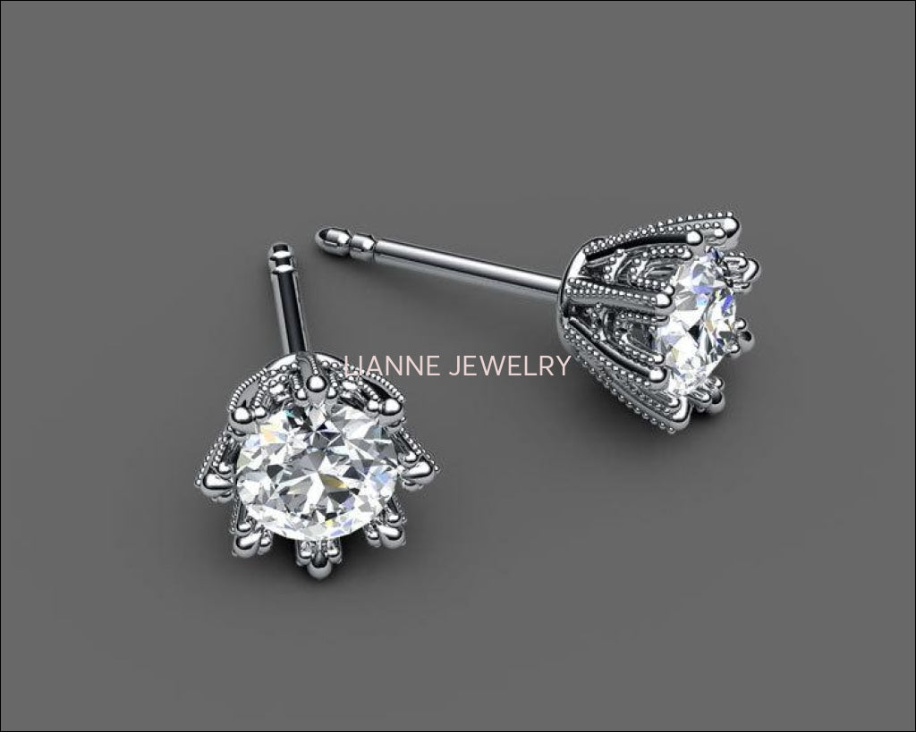 Gold Earrings Stud Earrings 18K White Gold with Moissanite 7 mm Round Brilliant cut - Lianne Jewelry