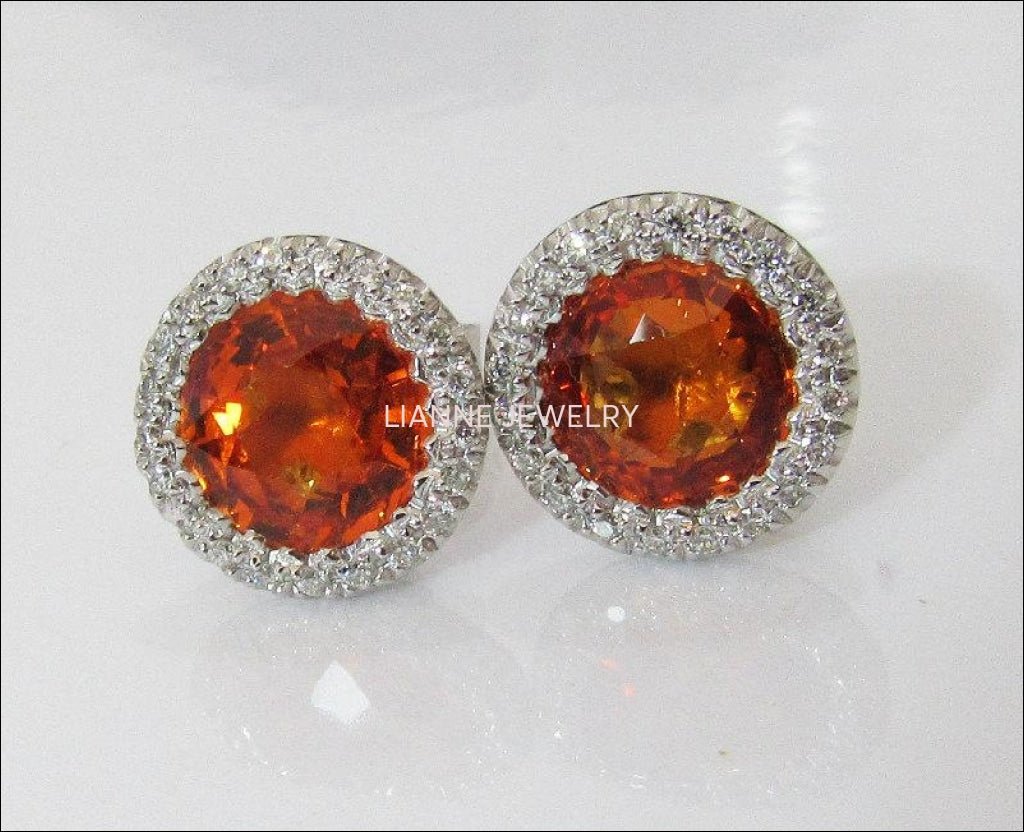 Vintage Orange Earrings Stud Earrings Circle Earrings Pave Diamonds Earrings Halo Earrings Art Deco Earrings Sapphires 14K white gold - Lianne Jewelry