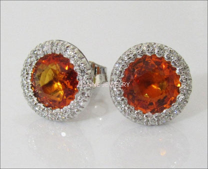 Vintage Orange Earrings Stud Earrings Circle Earrings Pave Diamonds Earrings Halo Earrings Art Deco Earrings Sapphires 14K white gold - Lianne Jewelry