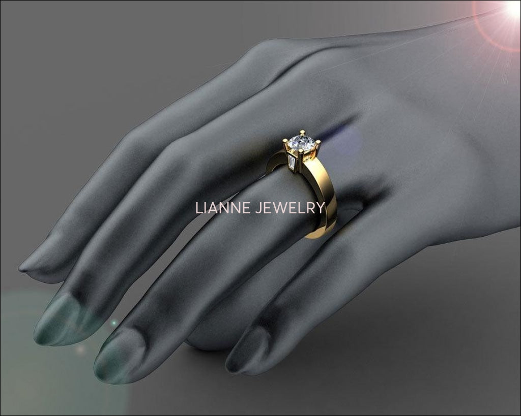 Gold ring Unique moissanite engagement ring Solitaire flanked by 2 taper baguettes Diamonds in 18K Yellow or 18K White Gold - Lianne Jewelry