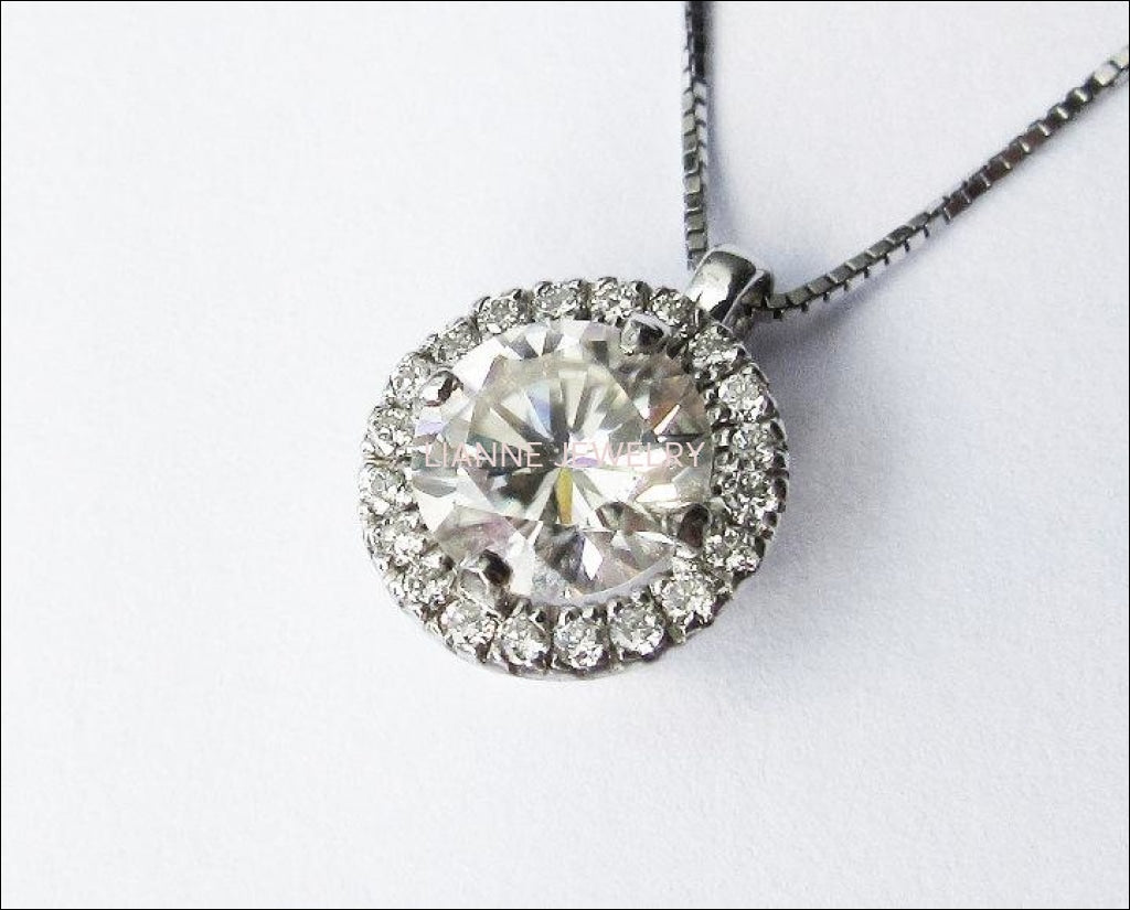 Pendant 14K White Gold Moissanite Diamond Halo Pendant with Chain Minimalist pendant - Lianne Jewelry