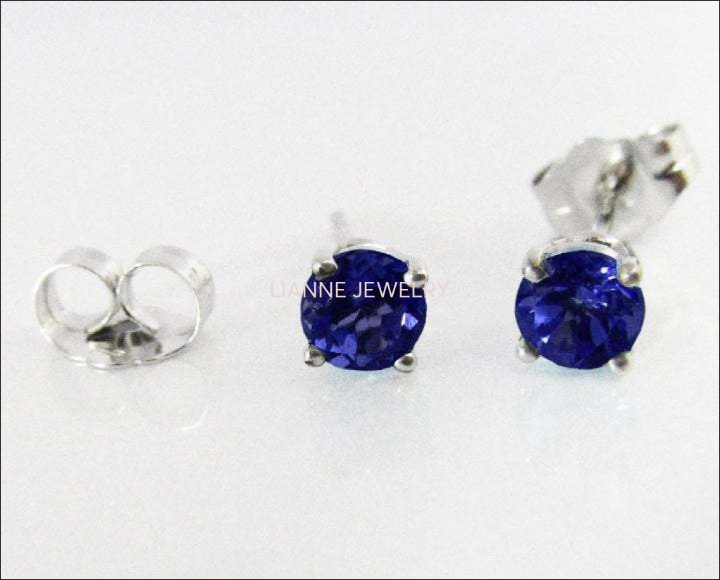 14K White gold Blue Stud Earrings, 4mm Lab Sapphire Christmas Gift Earring Jewelry - Lianne Jewelry