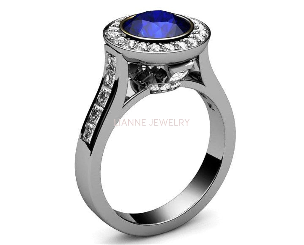 Sapphire Engagement Ring Cathedral channel frame Pavé halo ring 18K Yellow gold Jewelry marriage anniversary ring - Lianne Jewelry