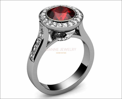 Ruby Engagement Ring Cathedral channel frame Pavé halo ring 18K Yellow or White gold Jewelry marriage anniversary ring - Lianne Jewelry