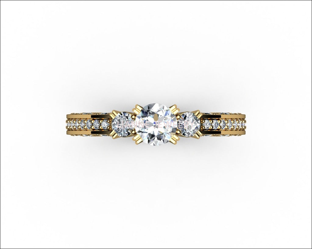 Unique One carat Engagement Diamond ring in Bella Design channel-set pavé half moon trellis crafted in 18K Yellow gold or 18K White gold - Lianne Jewelry