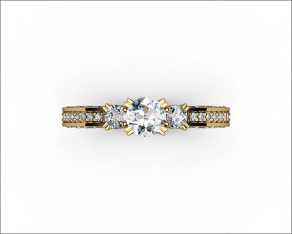 Unique One carat Engagement Diamond ring in Bella Design channel-set pavé half moon trellis crafted in 18K Yellow gold or 18K White gold - Lianne Jewelry