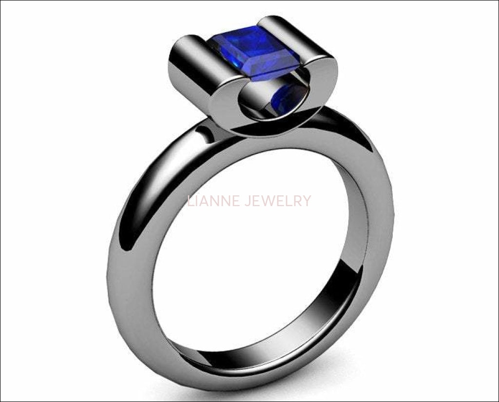 Sapphire Solitaire Ring, Tension ring, Radiant cut Deep Extra Fine deep Royal Blue 18K Yellow gold - Lianne Jewelry