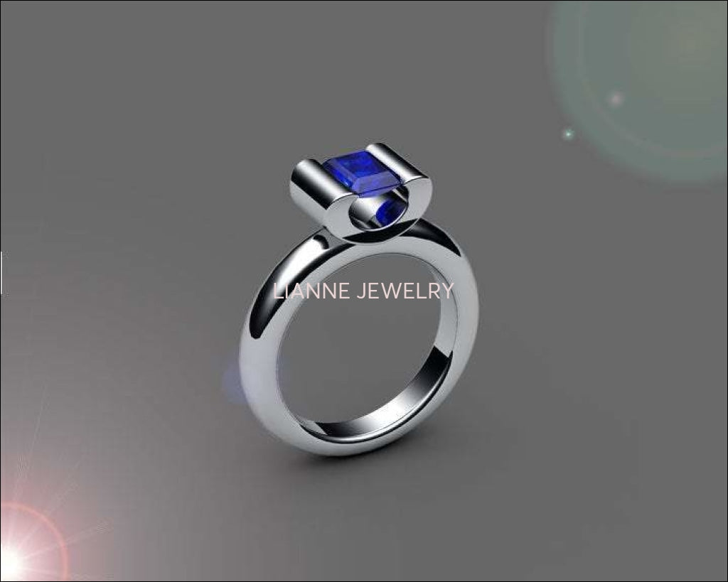 Sapphire Solitaire Ring, Tension ring, Radiant cut Deep Extra Fine deep Royal Blue 18K Yellow gold - Lianne Jewelry