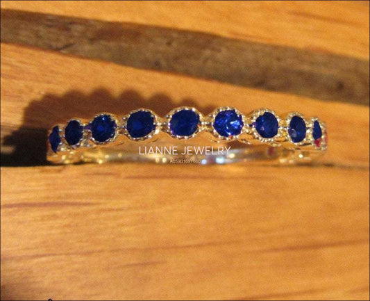 Milgrain wedding band, Anniversary Gift, Sapphire Ring, Eternity Band, 14K Yellow Gold, Genuine Sapphires, September Birthstone - Lianne Jewelry