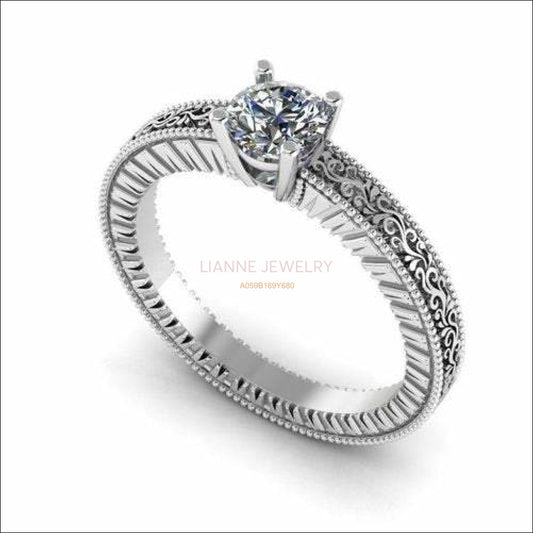 Solitaire Milgrain Ring, Filigree Ring, Anniversary Band with Stone - Lianne Jewelry