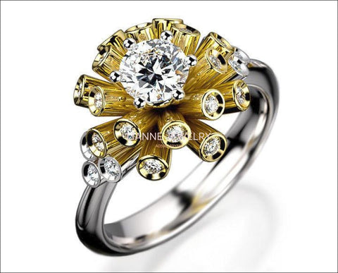 Art Nouveau unique Engagement ring Tube ring Diamond ring Flower ring Floral ring 18K Yellow & White gold Engagement gift 16 standing tubes - Lianne Jewelry