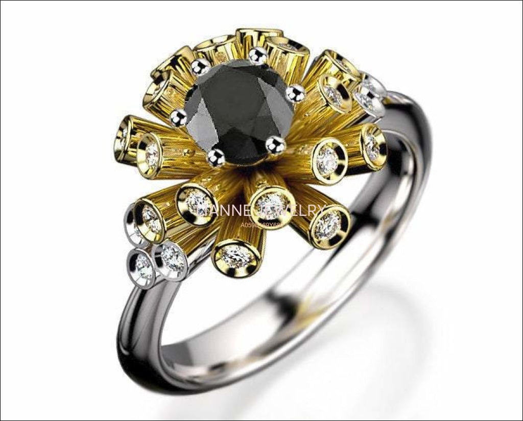 Unique Engagement ring Tube ring Black Diamond ring Flower ring Floral ring 18K Yellow & White gold Engagement gift 16 standing tubes - Lianne Jewelry