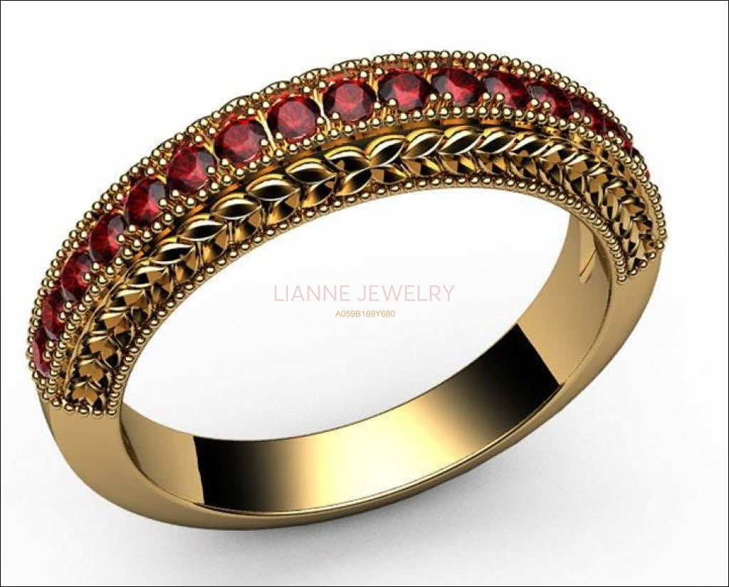 Ruby Wedding Band Milgrain Vintage Ring 17 Rubies 18K White gold or 18K Yellow gold 17th Anniversary Ring - Lianne Jewelry