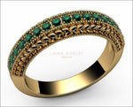 Emerald Milgrain Wedding Band Gree  Wedding Ring 17 Emeralds  0.38 carat 18K White gold or 18K Yellow gold 17th Anniversary gift - Lianne Jewelry