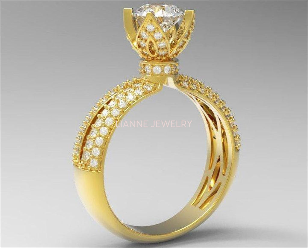 18K Rose Gold Filigree Crown Ring High Setting Unique Engagement Ring with Princess Split Shank Pave setting Ring - Lianne Jewelry