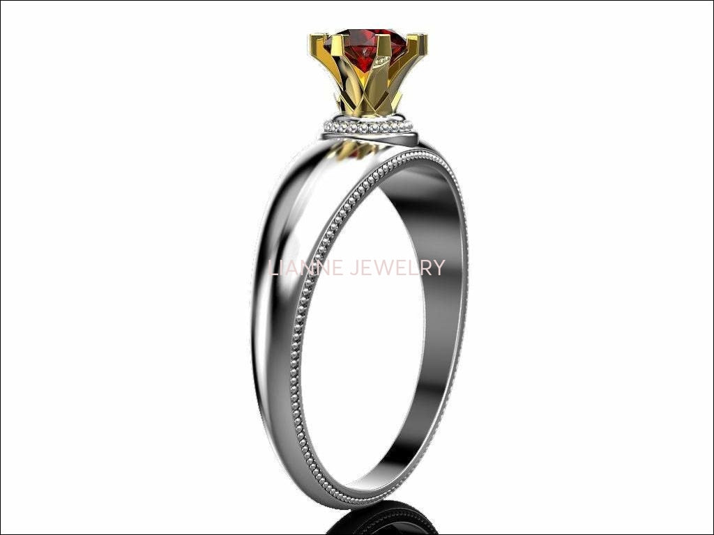 2-Tone Solitaire Ruby Engagement ring, 18K Gold, 8 prongs Ring - Lianne Jewelry