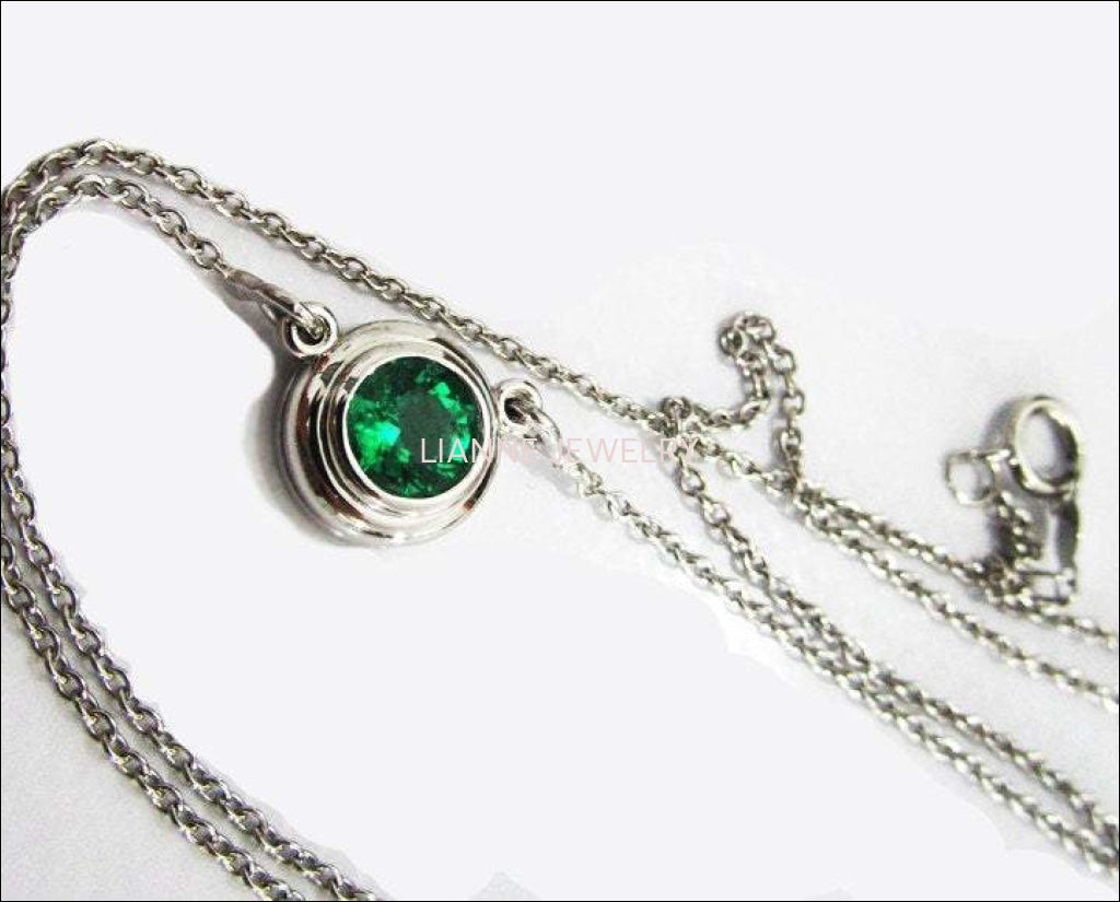 Emerald Pendant Round Pendant Top Quality Chatham Emerald 14K White gold May Birthstone - Lianne Jewelry