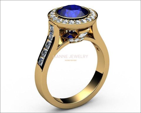 Sapphire Engagement Ring Cathedral channel frame Pavé halo ring 18K Yellow gold Jewelry marriage anniversary ring - Lianne Jewelry