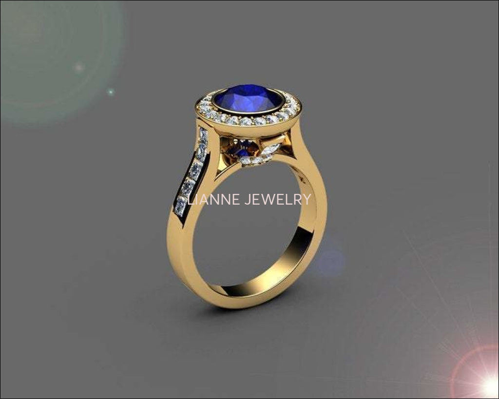 Sapphire Engagement Ring Cathedral channel frame Pavé halo ring 18K Yellow gold Jewelry marriage anniversary ring - Lianne Jewelry