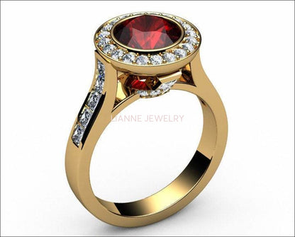 Ruby Engagement Ring Cathedral channel frame Pavé halo ring 18K Yellow or White gold Jewelry marriage anniversary ring - Lianne Jewelry