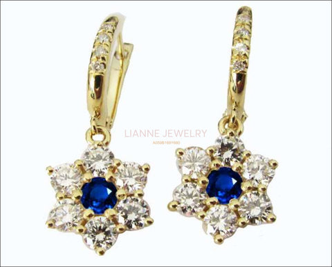 Lever back Flower Earrings Sapphire Earrings Dangle Drop Diamond Earrings Chandelier Earrings 18K Gold Flower Design Perfect Gift for Her - Lianne Jewelry
