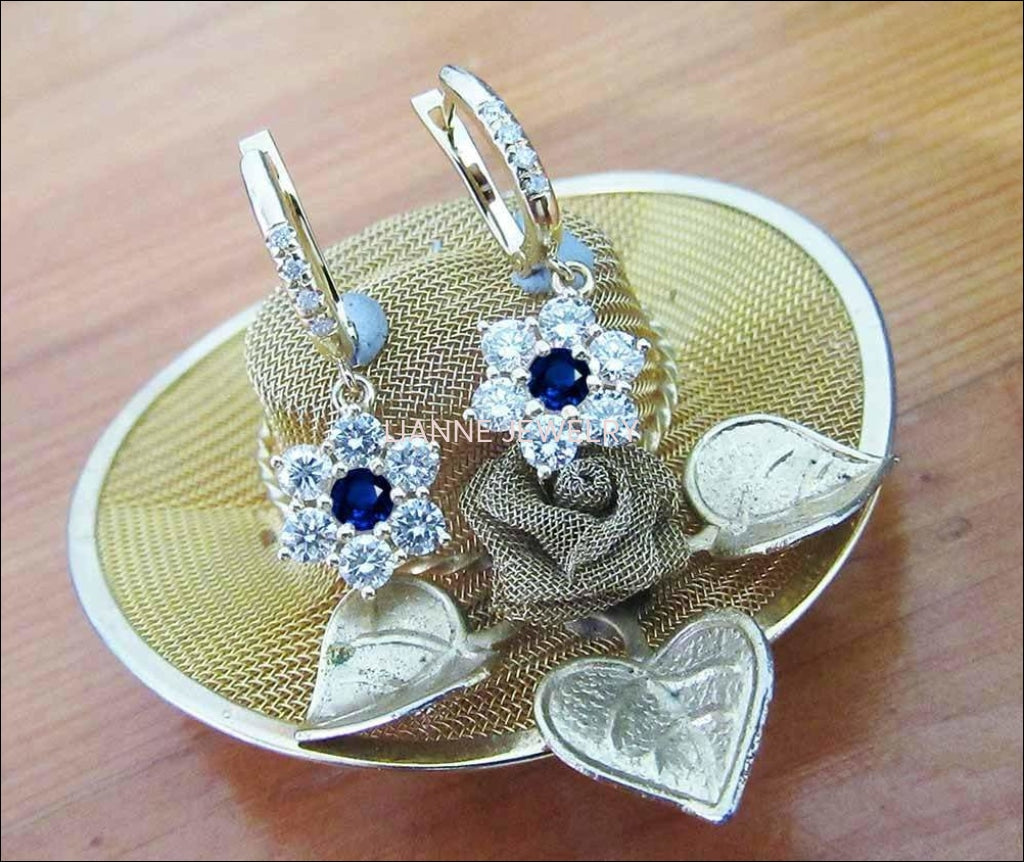 Lever back Flower Earrings Sapphire Earrings Dangle Drop Diamond Earrings Chandelier Earrings 18K Gold Flower Design Perfect Gift for Her - Lianne Jewelry