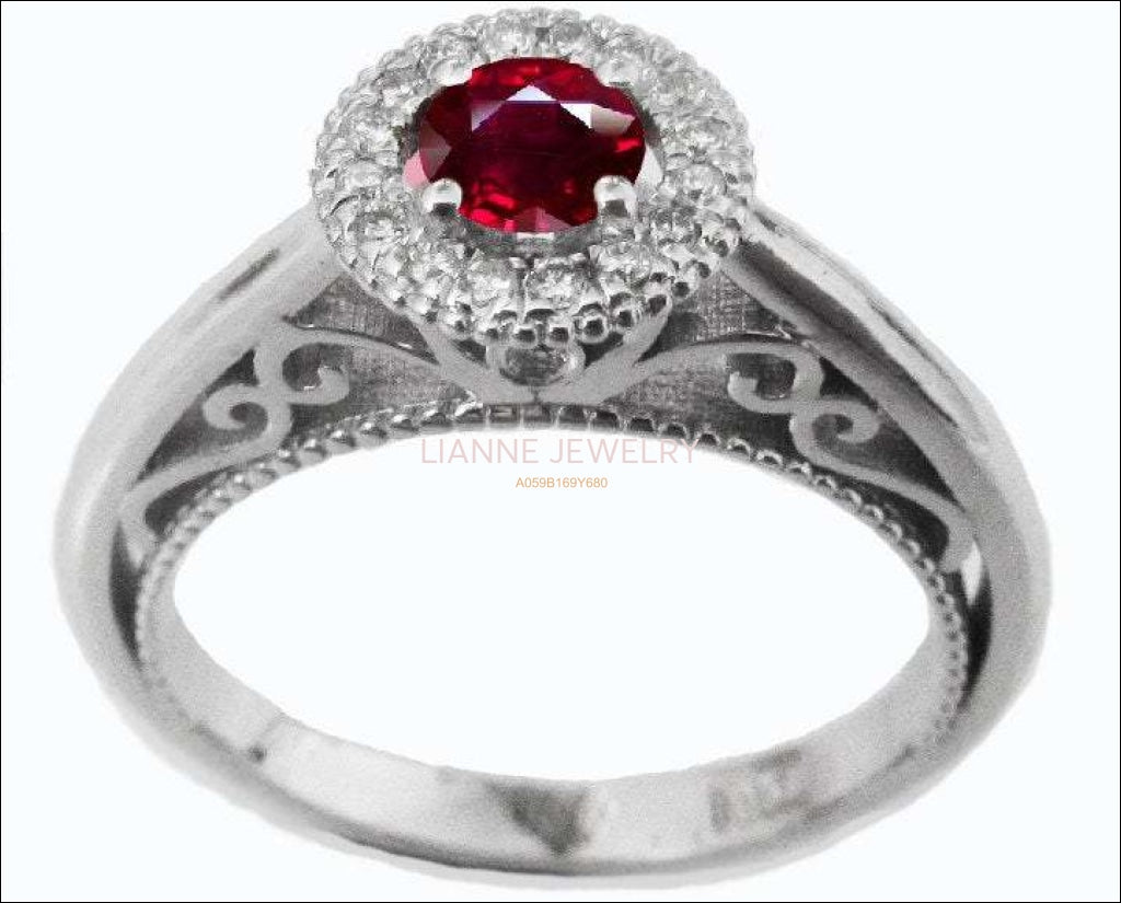 Ruby Filigree Halo Ring, Ruby Engagement Ring, 18K White Gold Ruby Diamond Ring - Lianne Jewelry