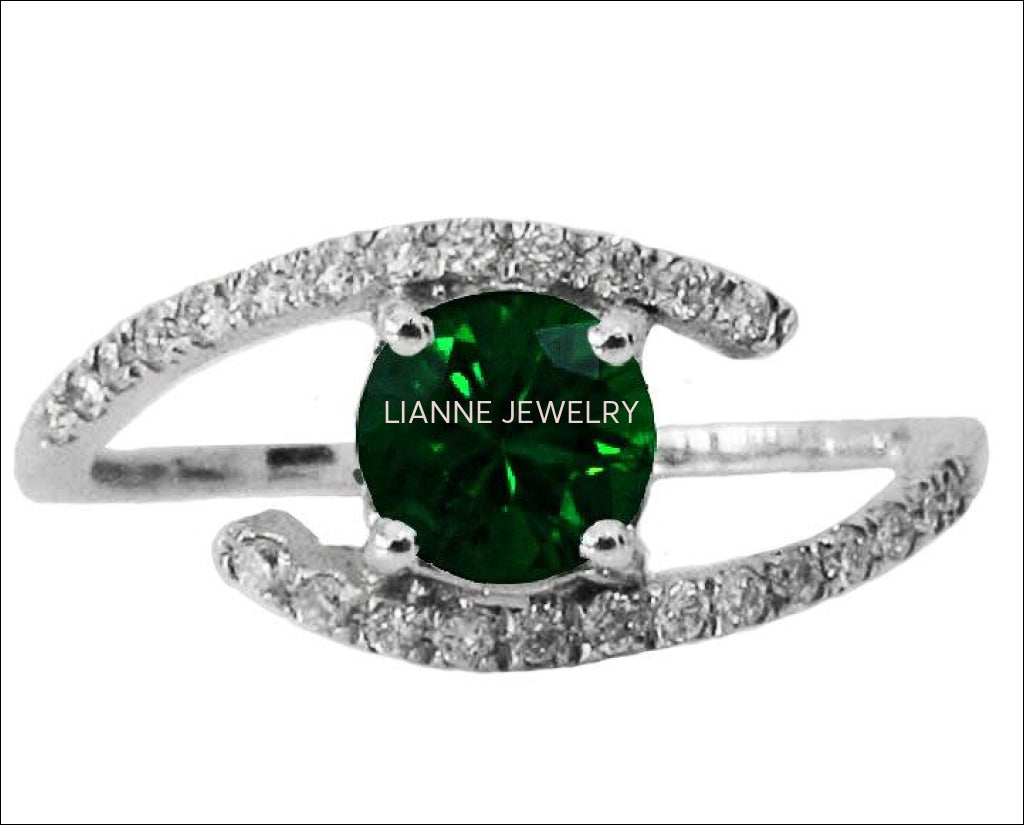 Solitaire Emerald Twist Ring, Curved Shank Unique Engagement Ring, Celtic Ring 14K White Gold - Lianne Jewelry