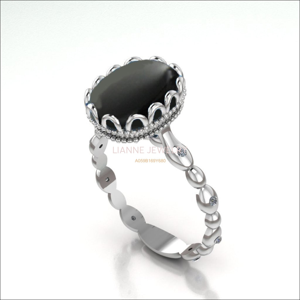 Bella Onyx Filigree Engagement Ring, 18K White Gold Black Onyx Ring - Lianne Jewelry