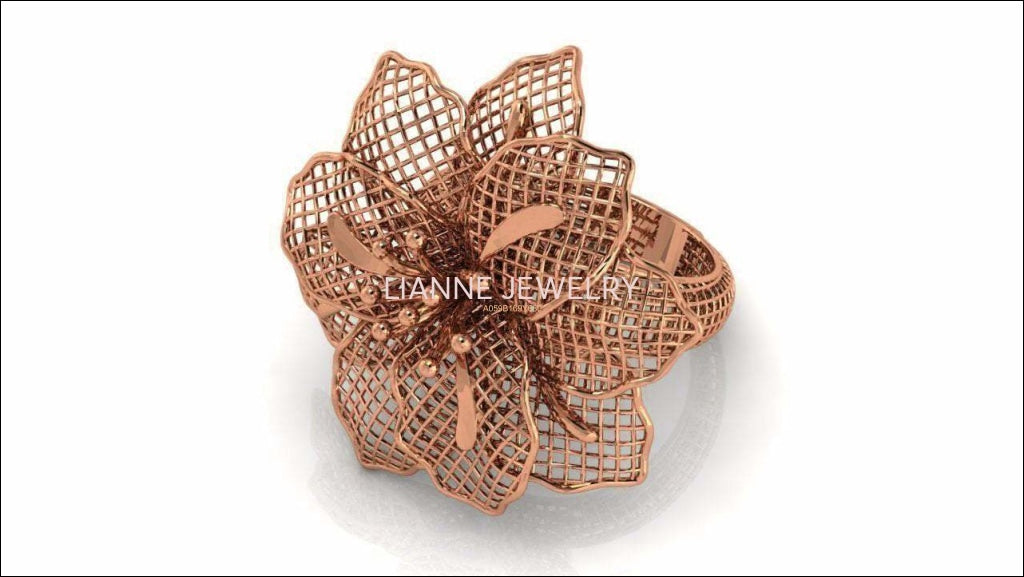 Big Rose Gold Flower Leaves Ring Floral ring Filigree Ring Huge Flower 18K gold Engagement Ring - Lianne Jewelry