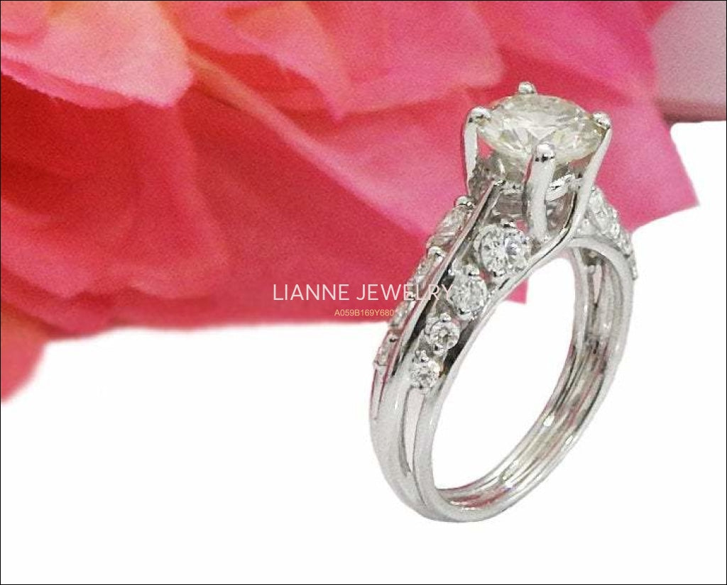 Moissanite Ring Engagement Ring Stackable Ring Diamond ring moissanite unique ring with F VVS diamonds on the sides made in 18K White Gold - Lianne Jewelry