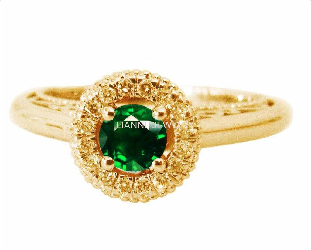 Gold ring Emerald Ring Halo Engagement Ring 18K Gold with D-E VVS Diamonds - Lianne Jewelry