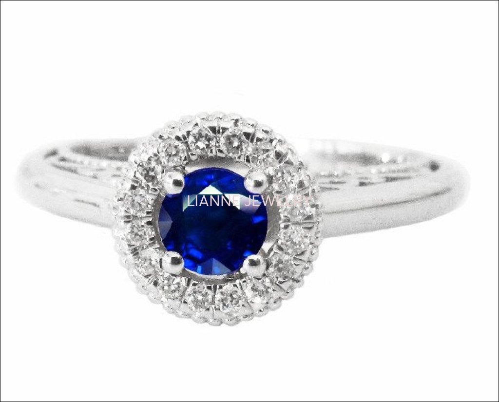 Gold ring Sapphire Ring Halo Engagement Ring 18K Gold with D-E VVS Diamonds - Lianne Jewelry