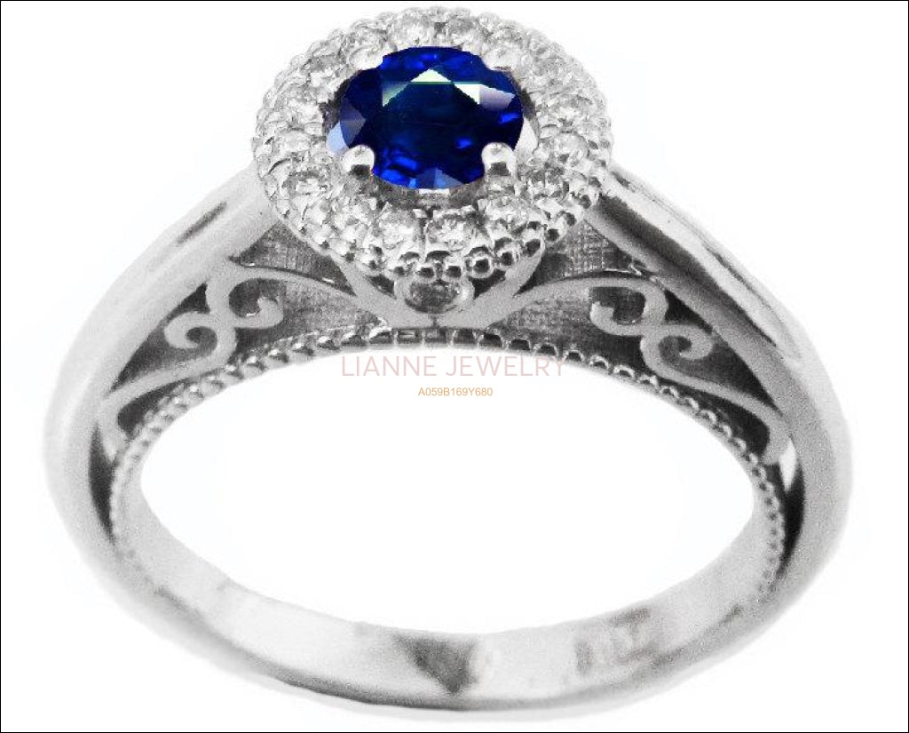 Gold ring Sapphire Ring Halo Engagement Ring 18K Gold with D-E VVS Diamonds - Lianne Jewelry