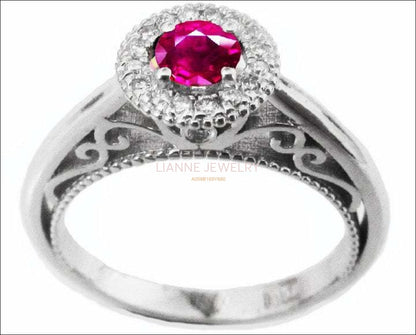 Gold Ring Pink Sapphire Ring Halo Engagement Ring Red color 18K Gold with D-E VVS Diamonds - Lianne Jewelry