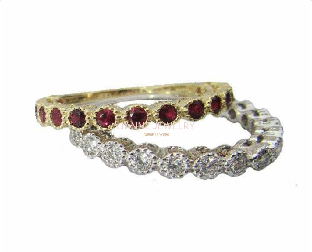 2 Anniversary Gift 2 Eternity Rings 14K White Gold with 15 Diamonds and 14K Yellow gold with 15 Rubies July Birthstone - Lianne Jewelry