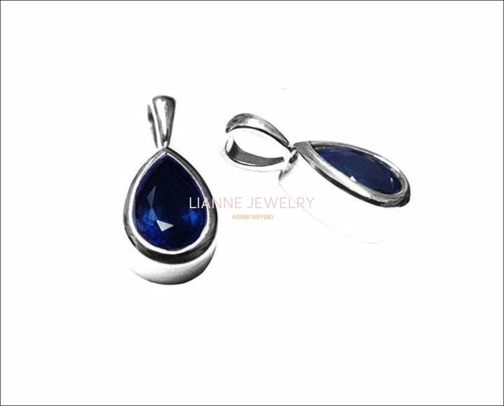 Sapphire Pendant Pear Solitaire Royal Blue Pendant Charm 14K White Gold - Lianne Jewelry